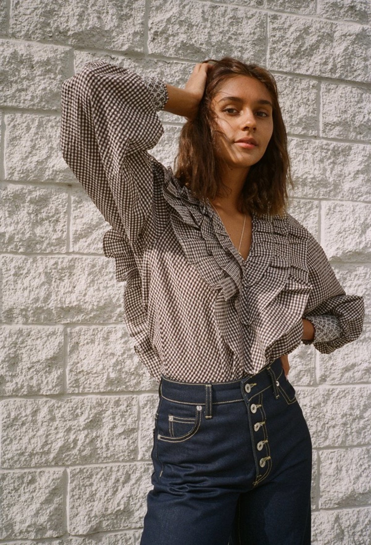 GANNI seersucker gingham checked ruffled puff sleeves blouse charron