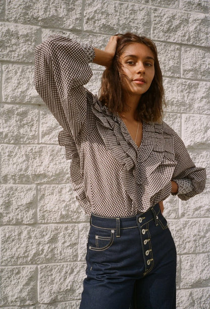 GANNI seersucker gingham checked ruffled puff sleeves blouse charron