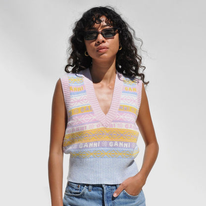 GANNI sleeveless V-neck knit wool vest sweater knitwear logo