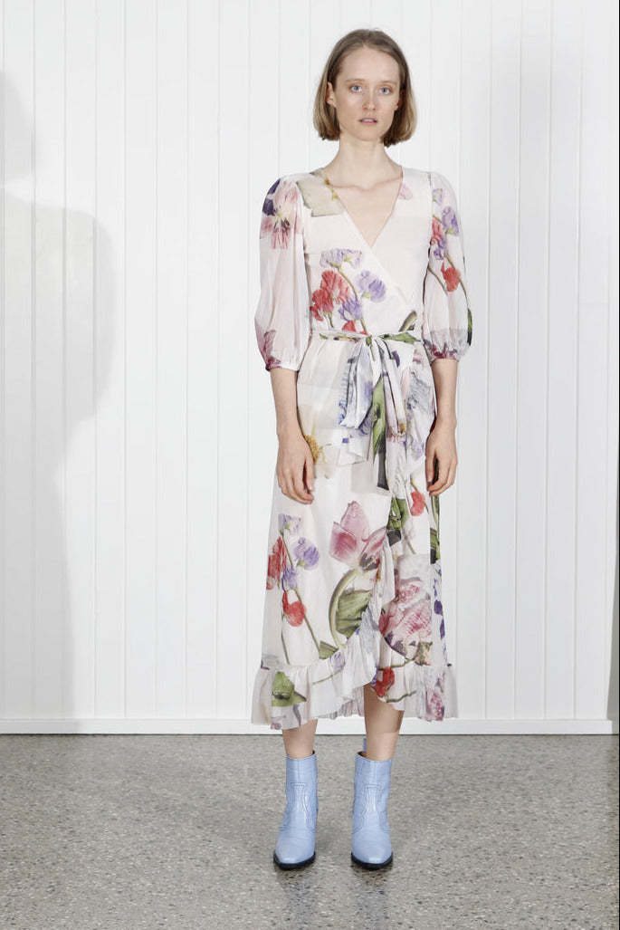 GANNI tilden mesh floral printed ruffled off white long wrap dress with puff sleeves