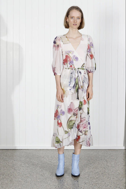 GANNI tilden mesh floral printed ruffled off white long wrap dress with puff sleeves