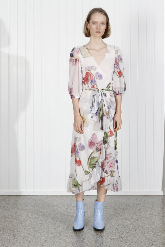 GANNI tilden mesh floral printed ruffled off white long wrap dress with puff sleeves