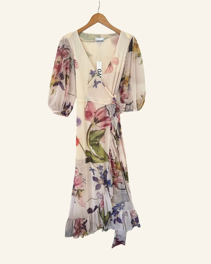 GANNI tilden mesh floral printed ruffled off white long wrap dress with puff sleeves