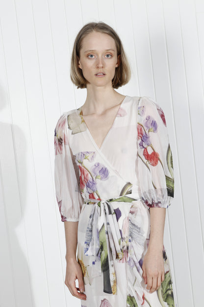 GANNI tilden mesh floral printed ruffled off white long wrap dress with puff sleeves