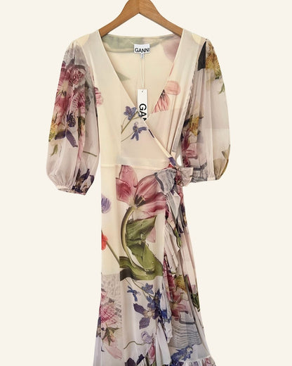 GANNI tilden mesh floral printed ruffled off white long wrap dress with puff sleeves