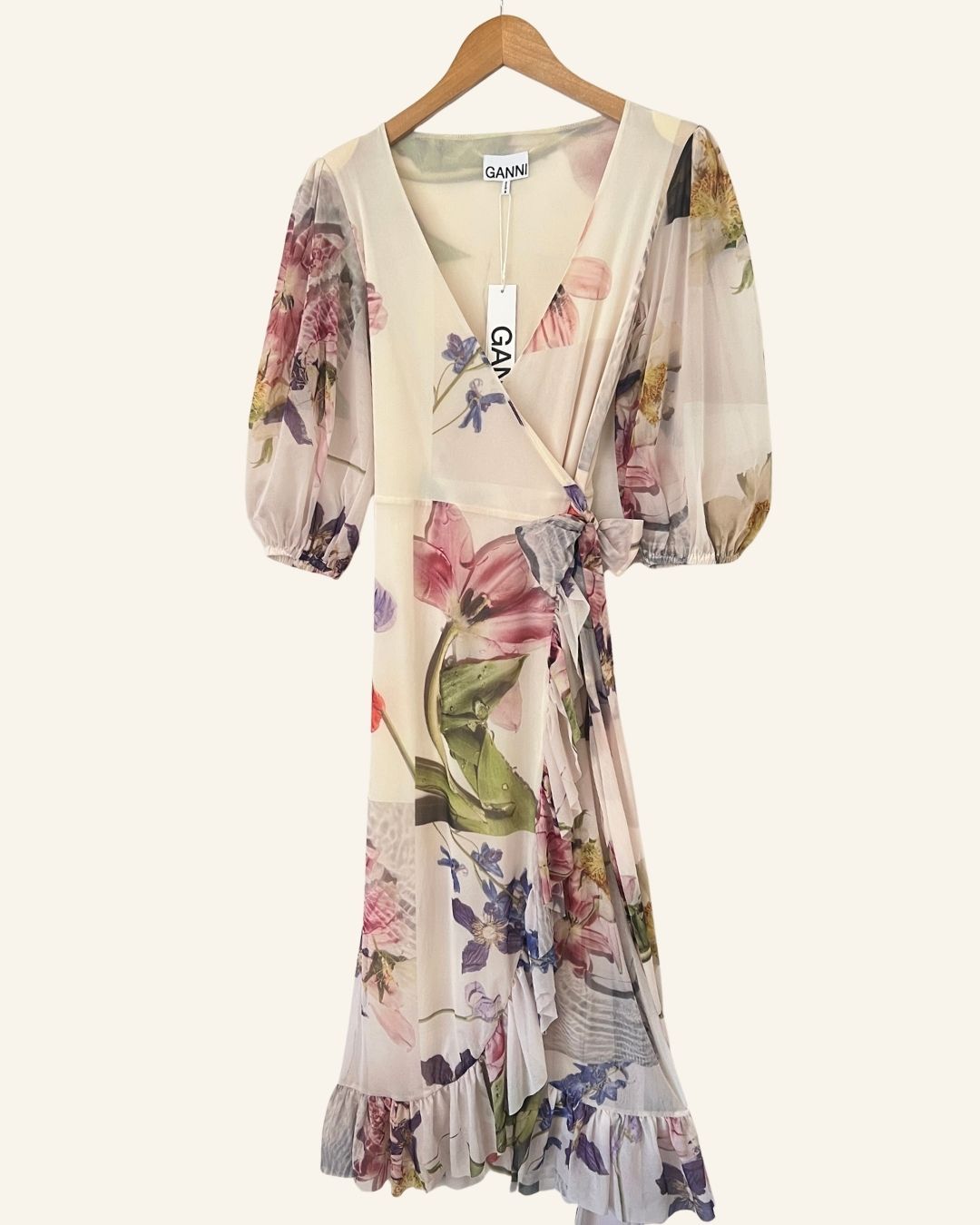GANNI tilden mesh floral printed ruffled off white long wrap dress with puff sleeves