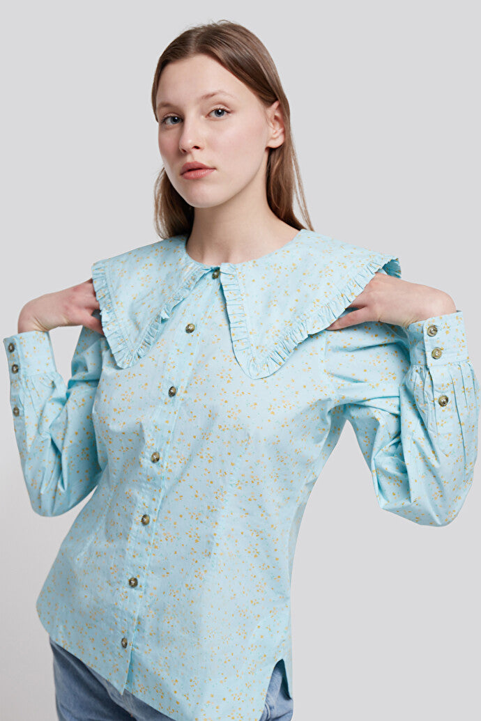 GANNI turquoise blue printed shirt blouse with large ruffled collar
