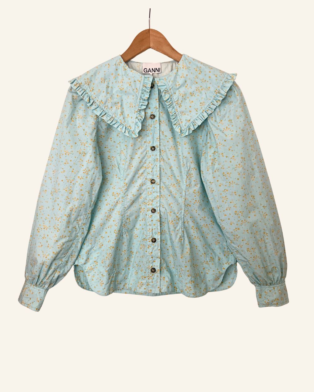 GANNI turquoise blue printed shirt blouse with large ruffled collar