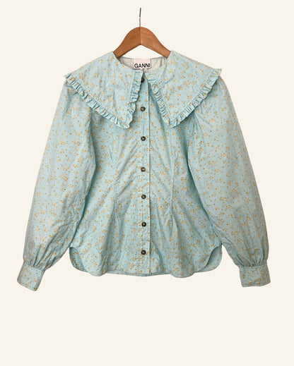 GANNI turquoise blue printed shirt blouse with large ruffled collar