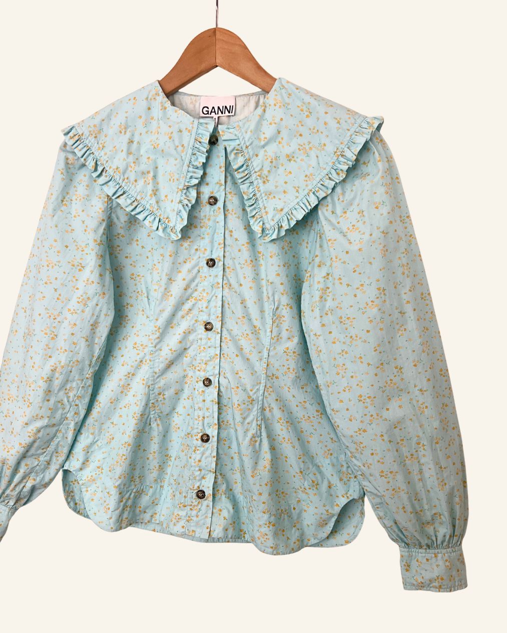 GANNI turquoise blue printed shirt blouse with large ruffled collar