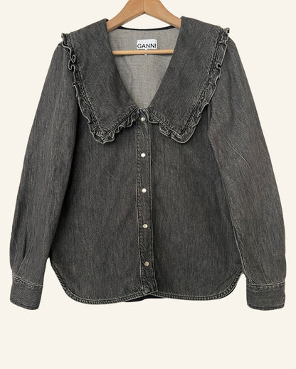 GANNI washed out grey oversize collar denim shirt