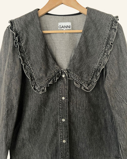 GANNI washed out grey oversize collar denim shirt