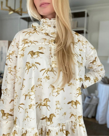 GANNI weston horse print iconic ruffled cotton poplin oversize mini dress