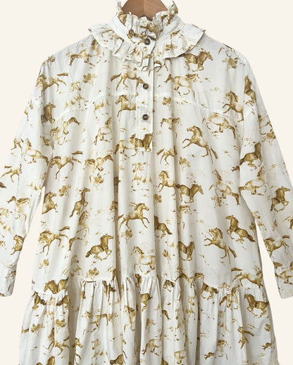 GANNI weston horse print iconic ruffled cotton poplin oversize mini dress