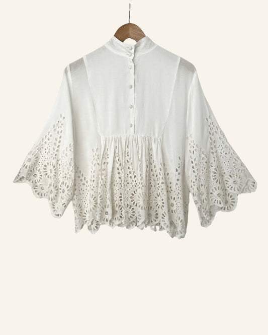 GANNI white embroidered large sleeves blouse