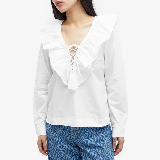 GANNI white ruffled laced organic cotton poplin blouse
