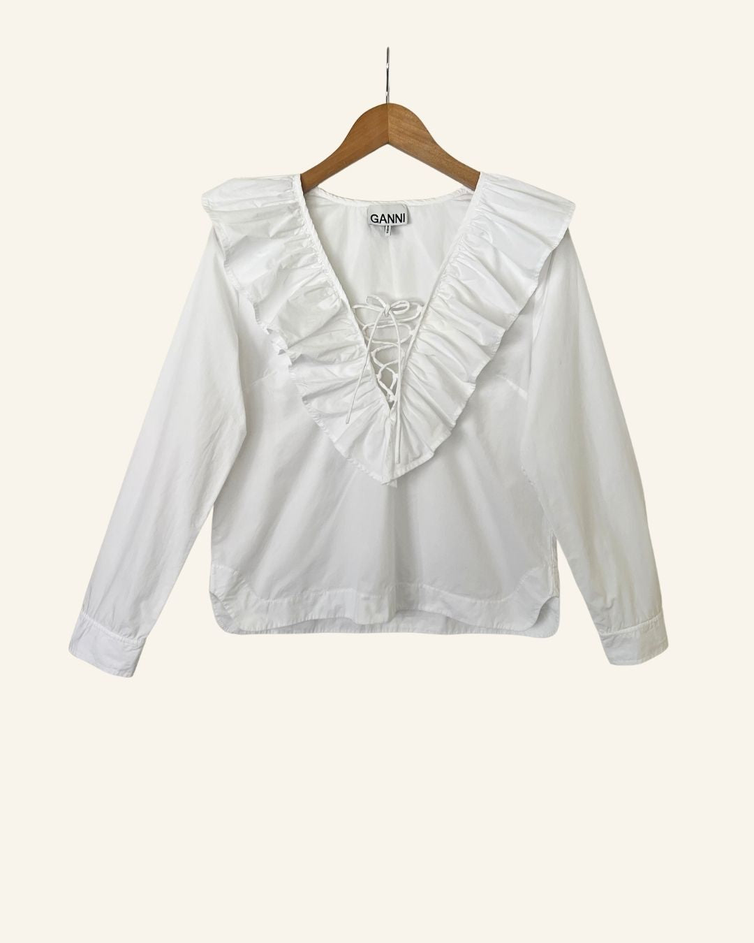 GANNI white ruffled laced organic cotton poplin blouse