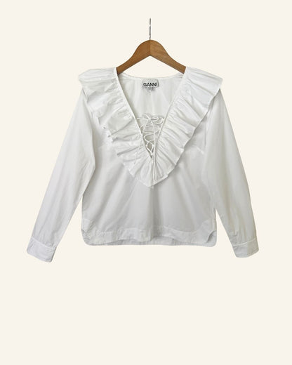 GANNI white ruffled laced organic cotton poplin blouse