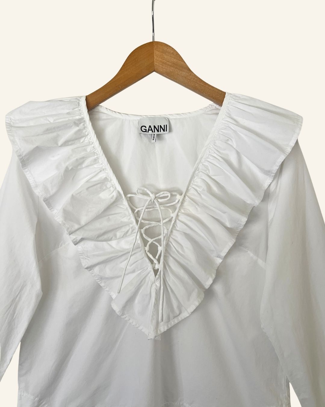 GANNI white ruffled laced organic cotton poplin blouse