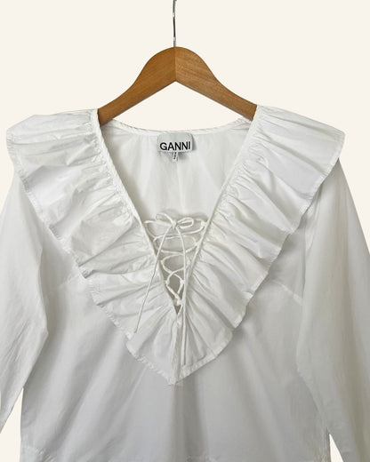 GANNI white ruffled laced organic cotton poplin blouse