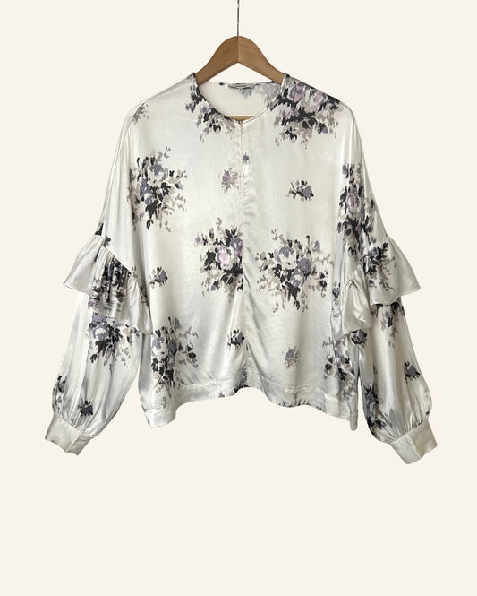 GANNI white satin oversize ruffled puff sleeves blouse cameron