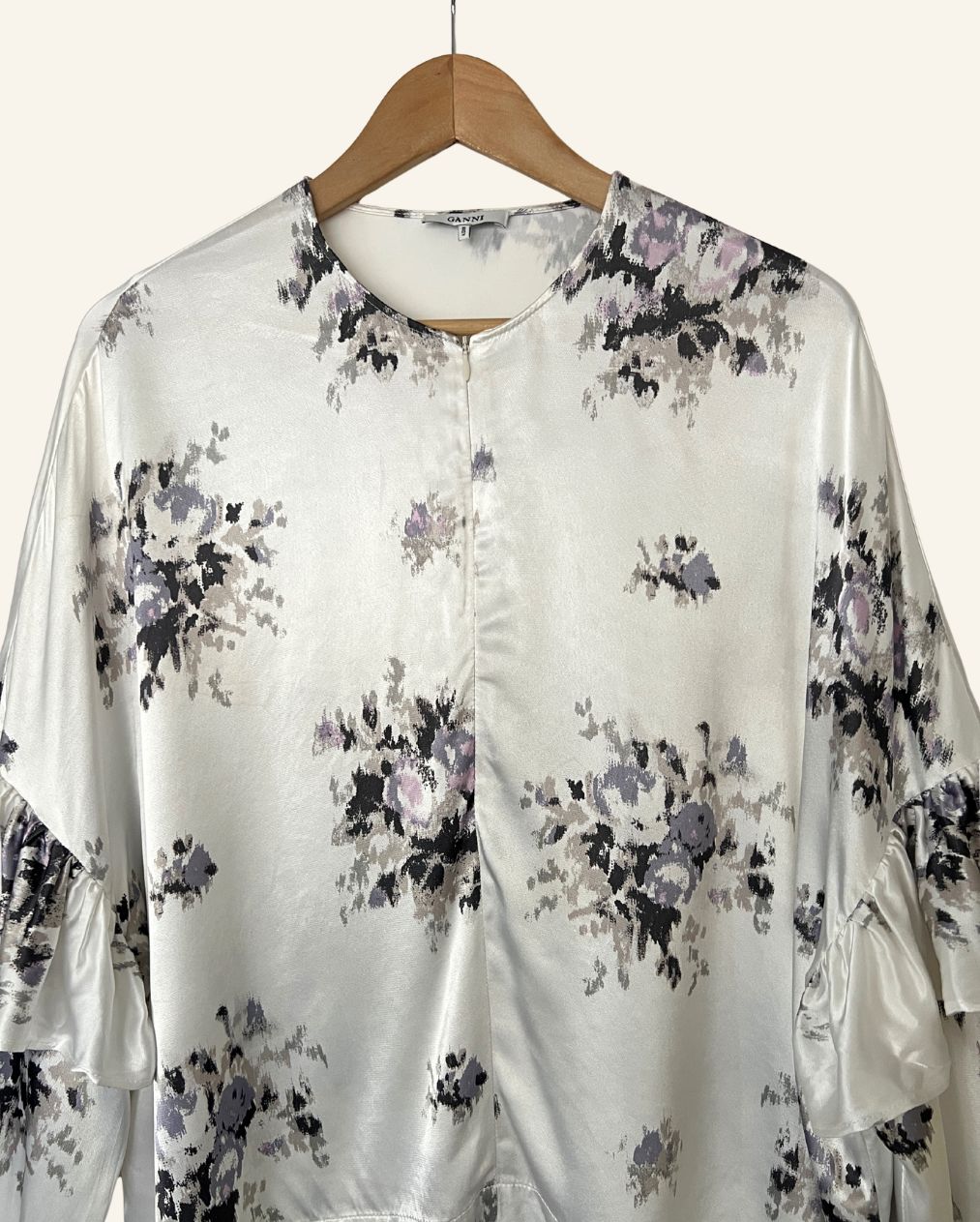 GANNI white satin oversize ruffled puff sleeves blouse cameron