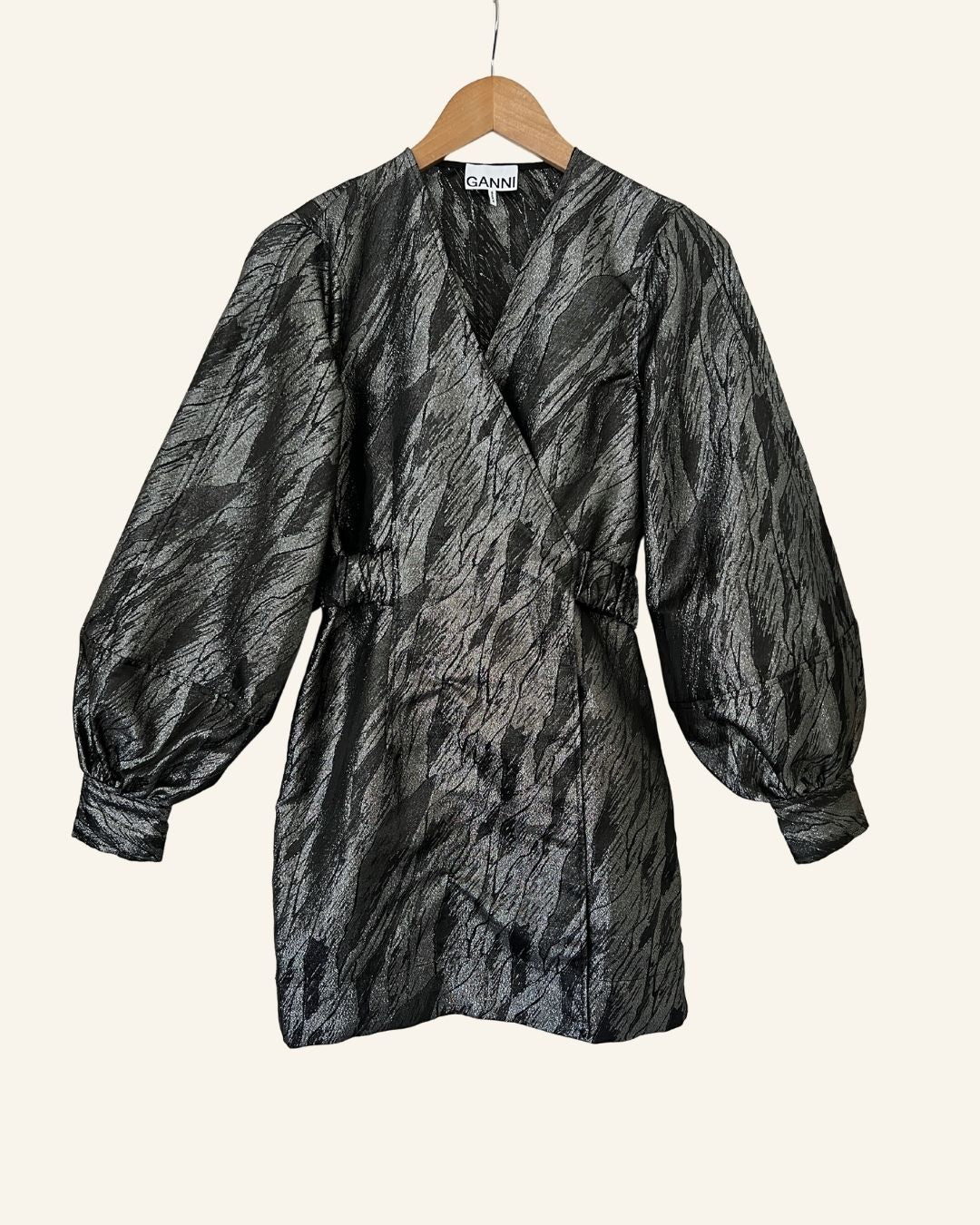 GANNI wrap black silver jacquard mini dress balloon sleeves