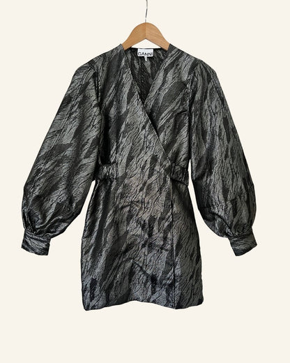 GANNI wrap black silver jacquard mini dress balloon sleeves