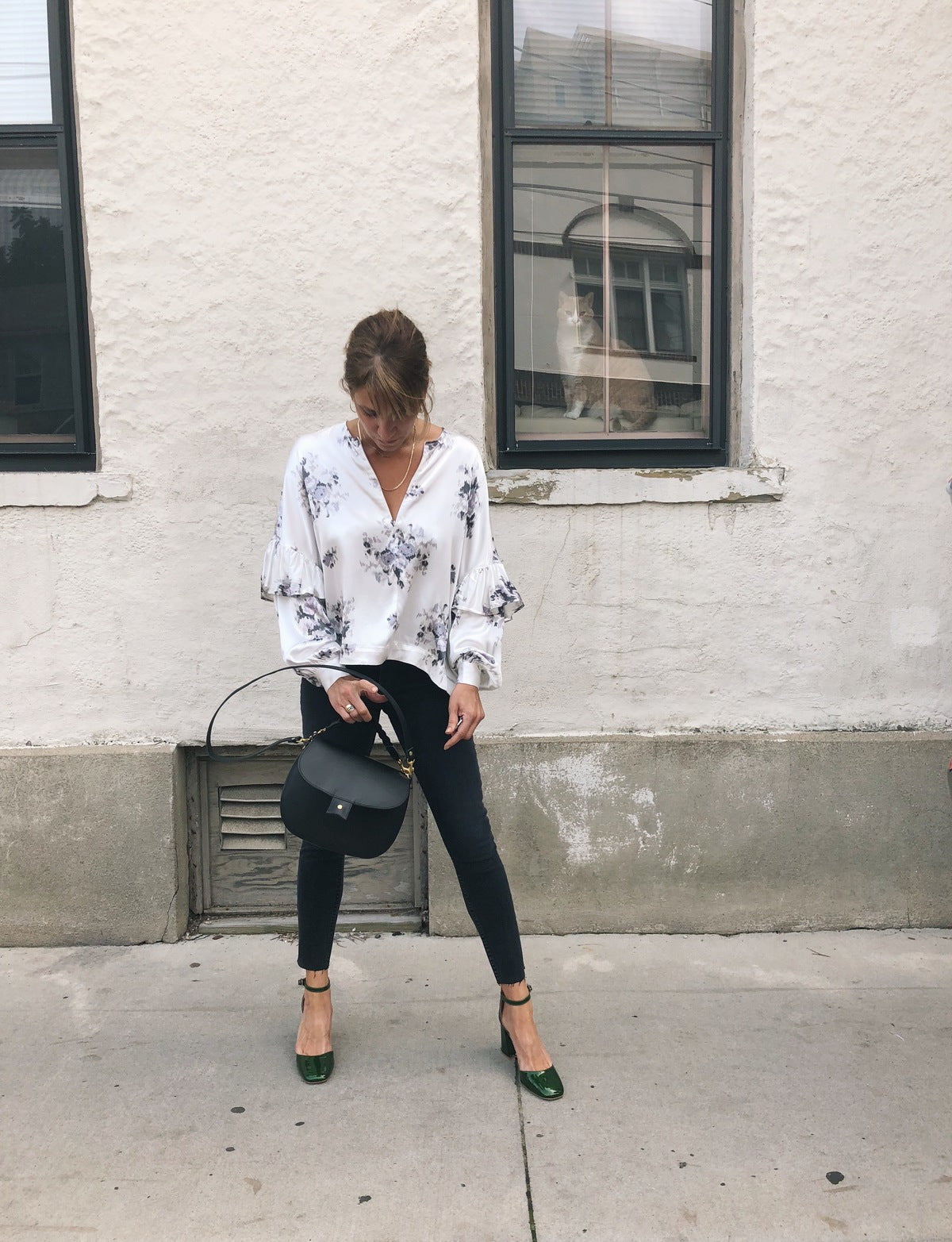 GANNI white satin oversize ruffled puff sleeves blouse cameron