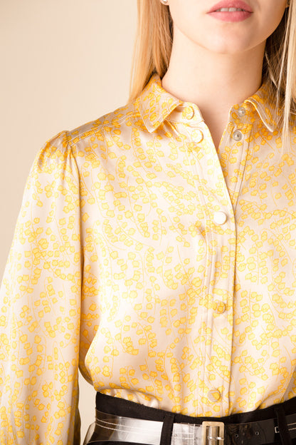 GANNI short cream satin shirt with yellow flowers and puff sleeves