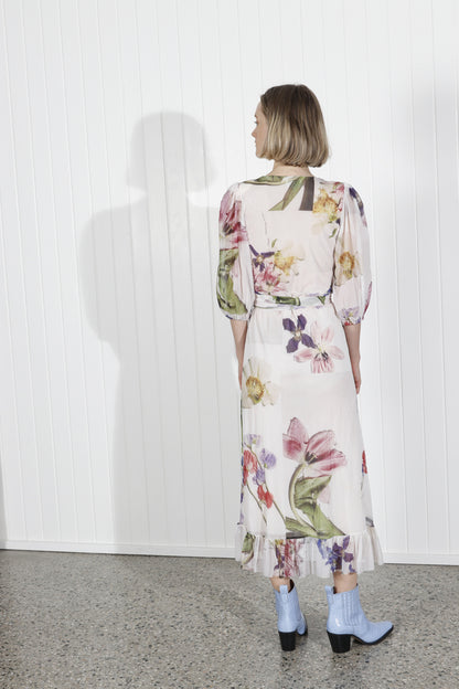 GANNI floral printed ruffled off white long wrap dress with puff sleeves