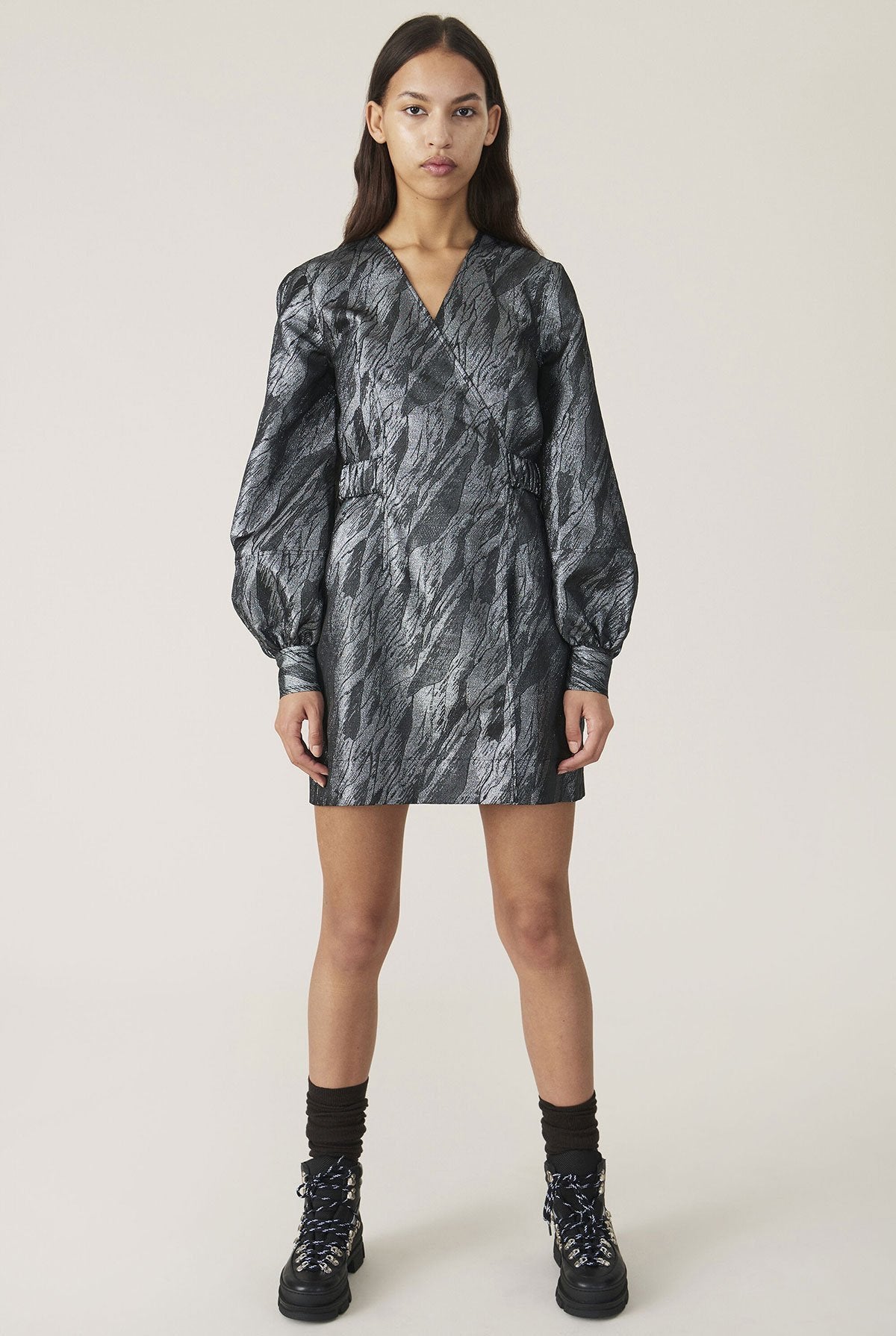 GANNI wrap black silver jacquard mini dress balloon sleeves