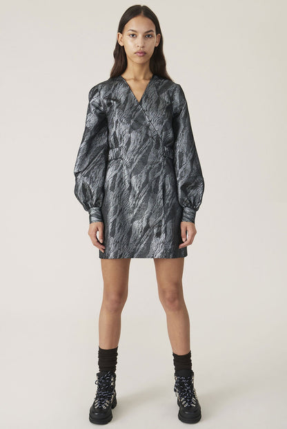 GANNI wrap black silver jacquard mini dress balloon sleeves