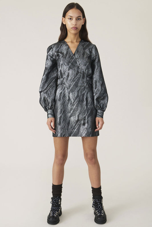 GANNI wrap black silver jacquard mini dress balloon sleeves