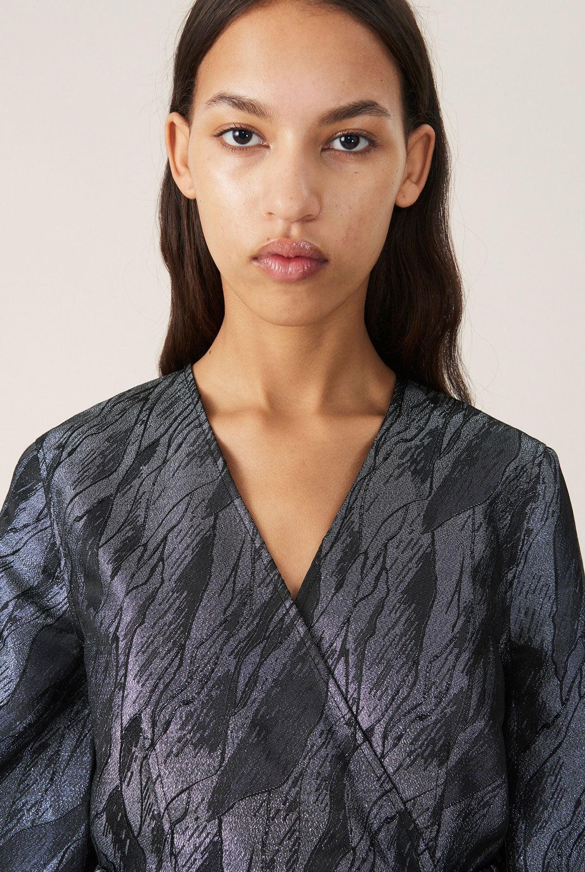 GANNI wrap black silver jacquard mini dress balloon sleeves