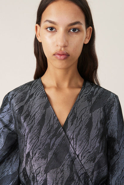 GANNI wrap black silver jacquard mini dress balloon sleeves