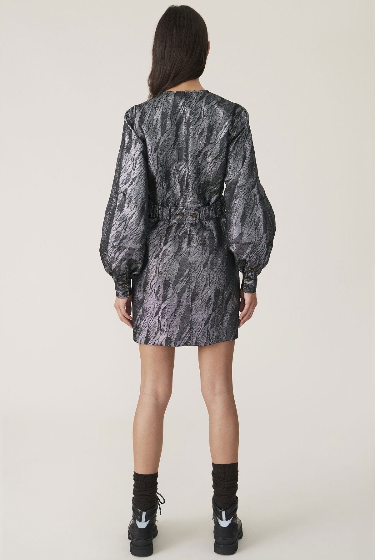 GANNI wrap black silver jacquard mini dress balloon sleeves