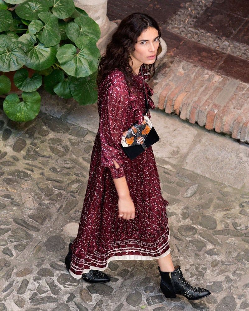 & OTHER STORIES burgundy satin ruffled floral print long dress