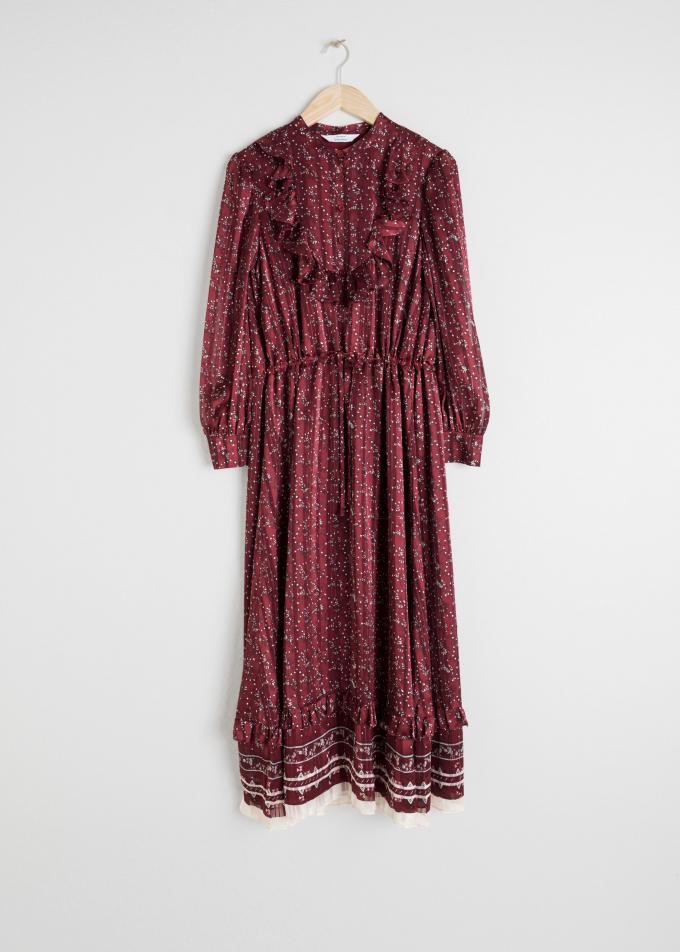 & OTHER STORIES burgundy satin ruffled floral print long dress