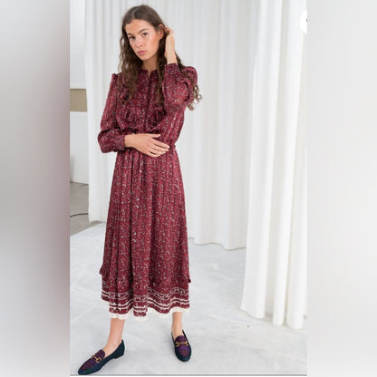 & OTHER STORIES burgundy satin ruffled floral print long dress