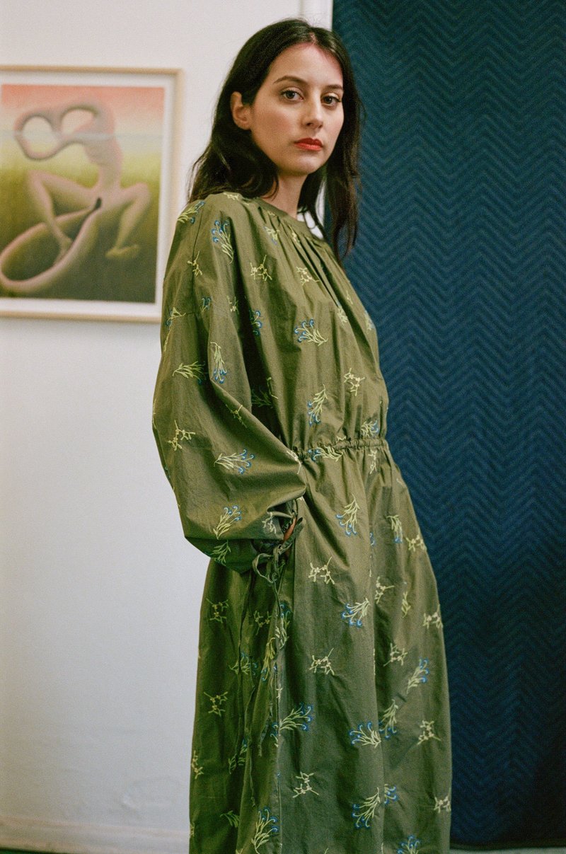 RODEBJER ASSI Kaki oversize embroidered poplin cotton long dress with laced ribbons 