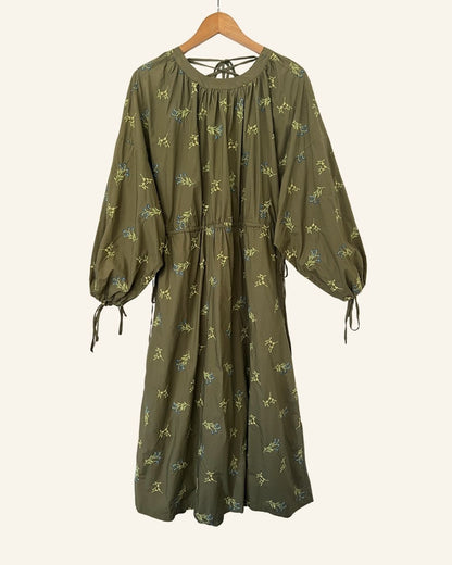 RODEBJER ASSI Kaki oversize embroidered poplin cotton long dress with laced ribbons 