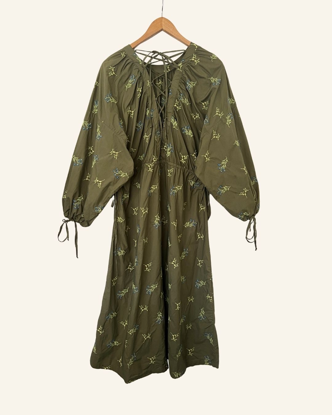RODEBJER ASSI Kaki oversize embroidered poplin cotton long dress with laced ribbons 