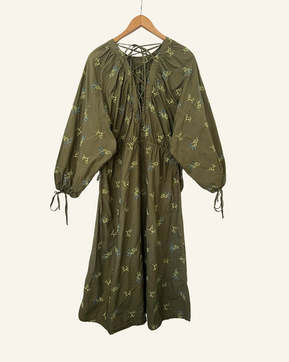 RODEBJER ASSI Kaki oversize embroidered poplin cotton long dress with laced ribbons 