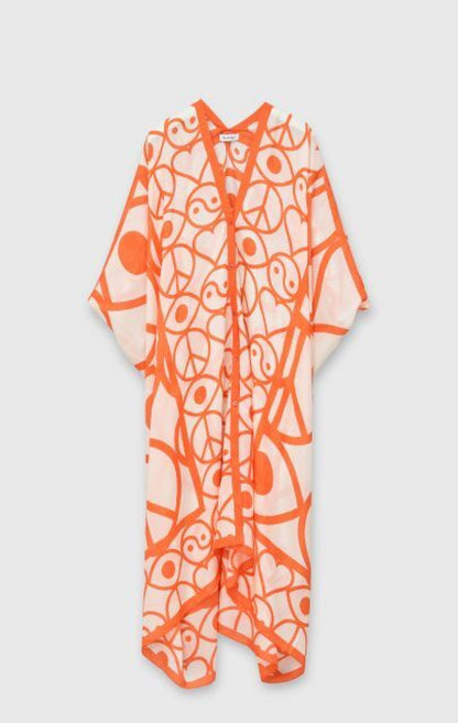 RODEBJER iconic silk Agave Symbols caftan dress in off white and orange