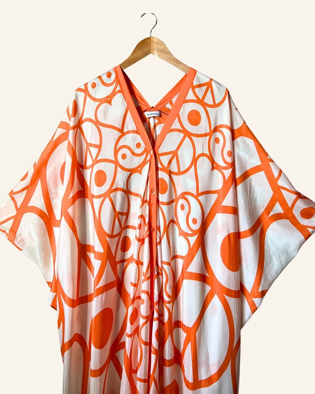 RODEBJER iconic silk Agave Symbols caftan dress in off white and orange