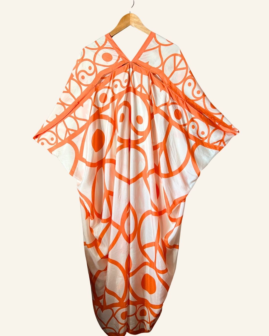RODEBJER iconic silk Agave Symbols caftan dress in off white and orange 