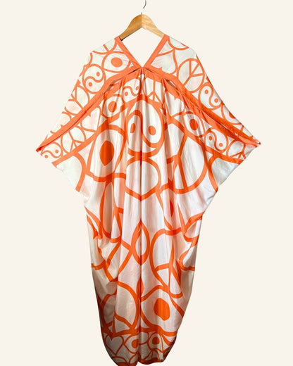 RODEBJER iconic silk Agave Symbols caftan dress in off white and orange 