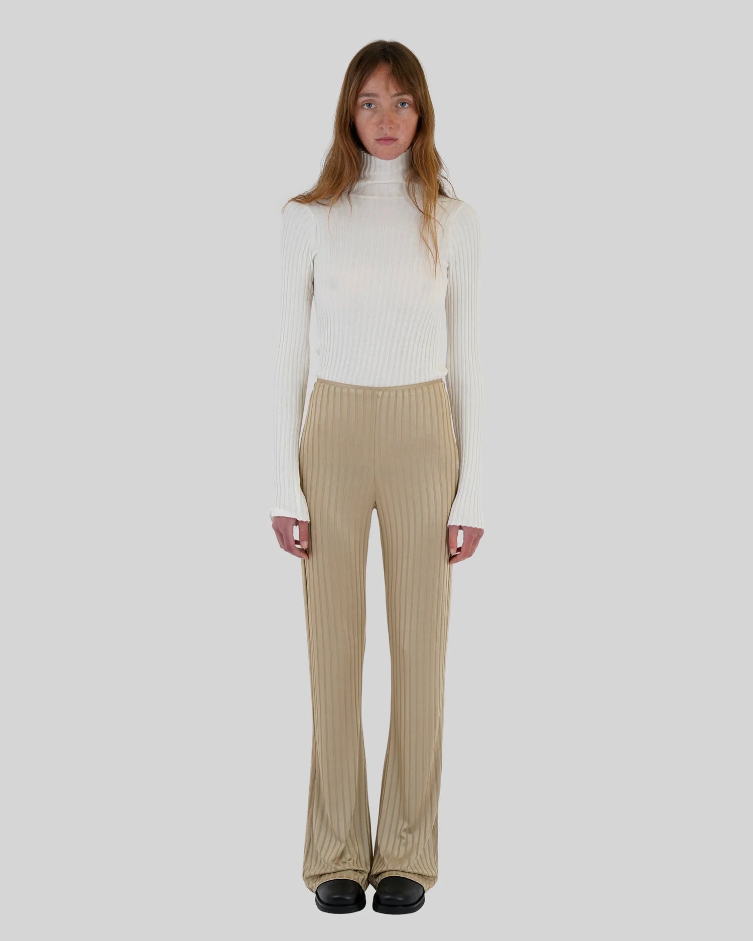SAMSOE SAMSOE satin ribbed gold beige boot cut trousers camoua