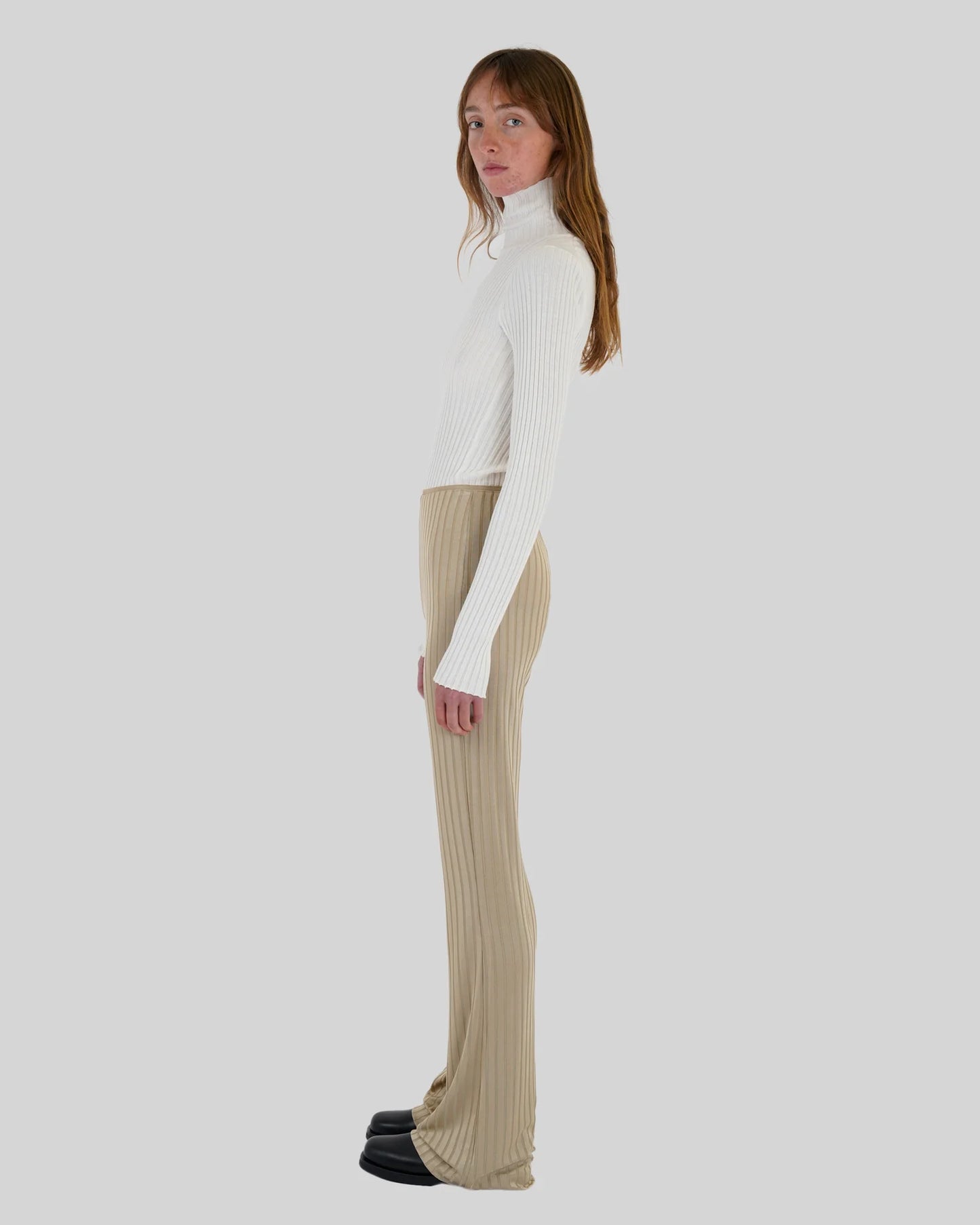 SAMSOE SAMSOE satin ribbed gold beige boot cut trousers camoua